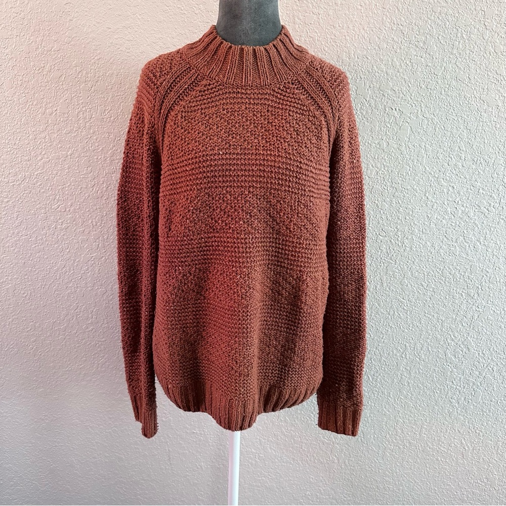 prAna Organic Cotton Textured Knit Mock Neck Sweater Small (Fits M) Rust Brown
